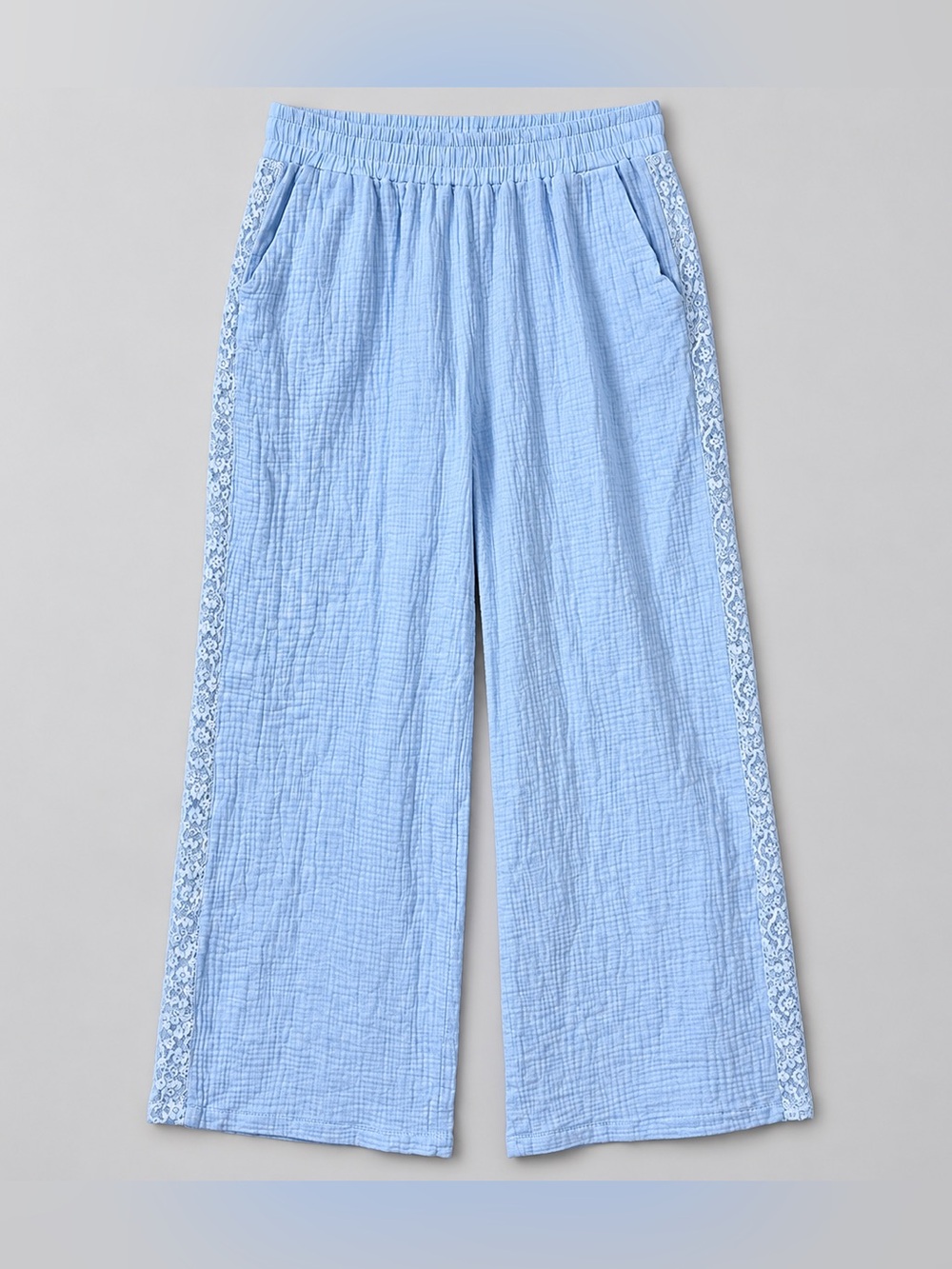 Wide Leg Gauze Cotton Pants Large Powder Blue Lace Trim Bohemian Soft Girl